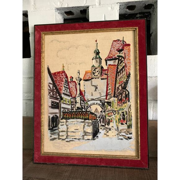 Vintage Crewel Needlepoint Embroidery and Paint Tapestry European Village Art - Picture 2 of 5